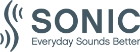 SONIC Logo mit Schallwellen-Symbol, Brand- und Audio-Technologie Schriftzug